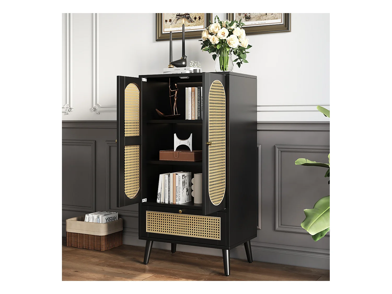 Buffet de cuisine 60x40x110cm, 2 portes en rotin et 1 tiroir, en bois, noir