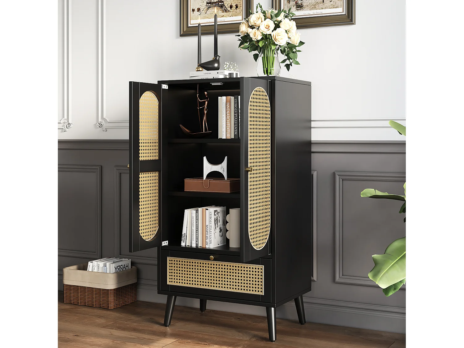 Buffet de cuisine 60x40x110cm, 2 portes en rotin et 1 tiroir, en bois, noir