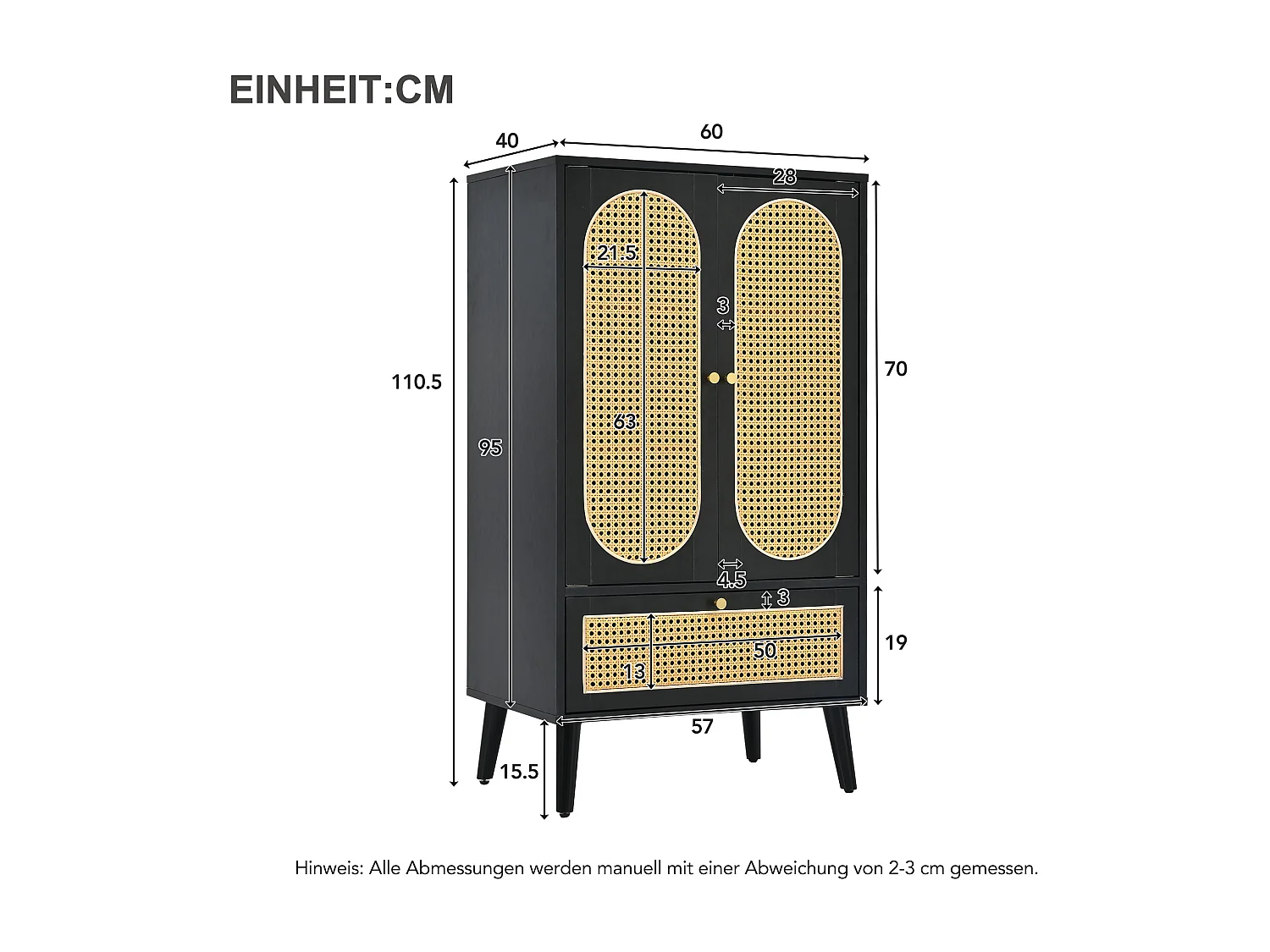 Buffet de cuisine 60x40x110cm, 2 portes en rotin et 1 tiroir, en bois, noir