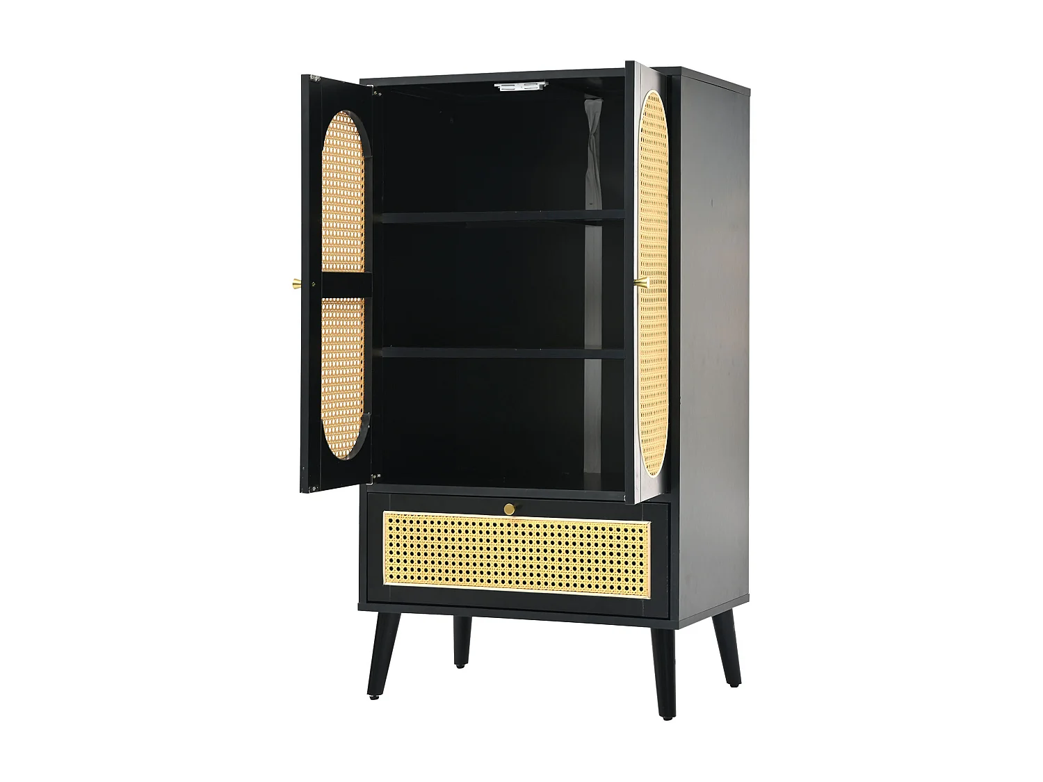 Buffet de cuisine 60x40x110cm, 2 portes en rotin et 1 tiroir, en bois, noir