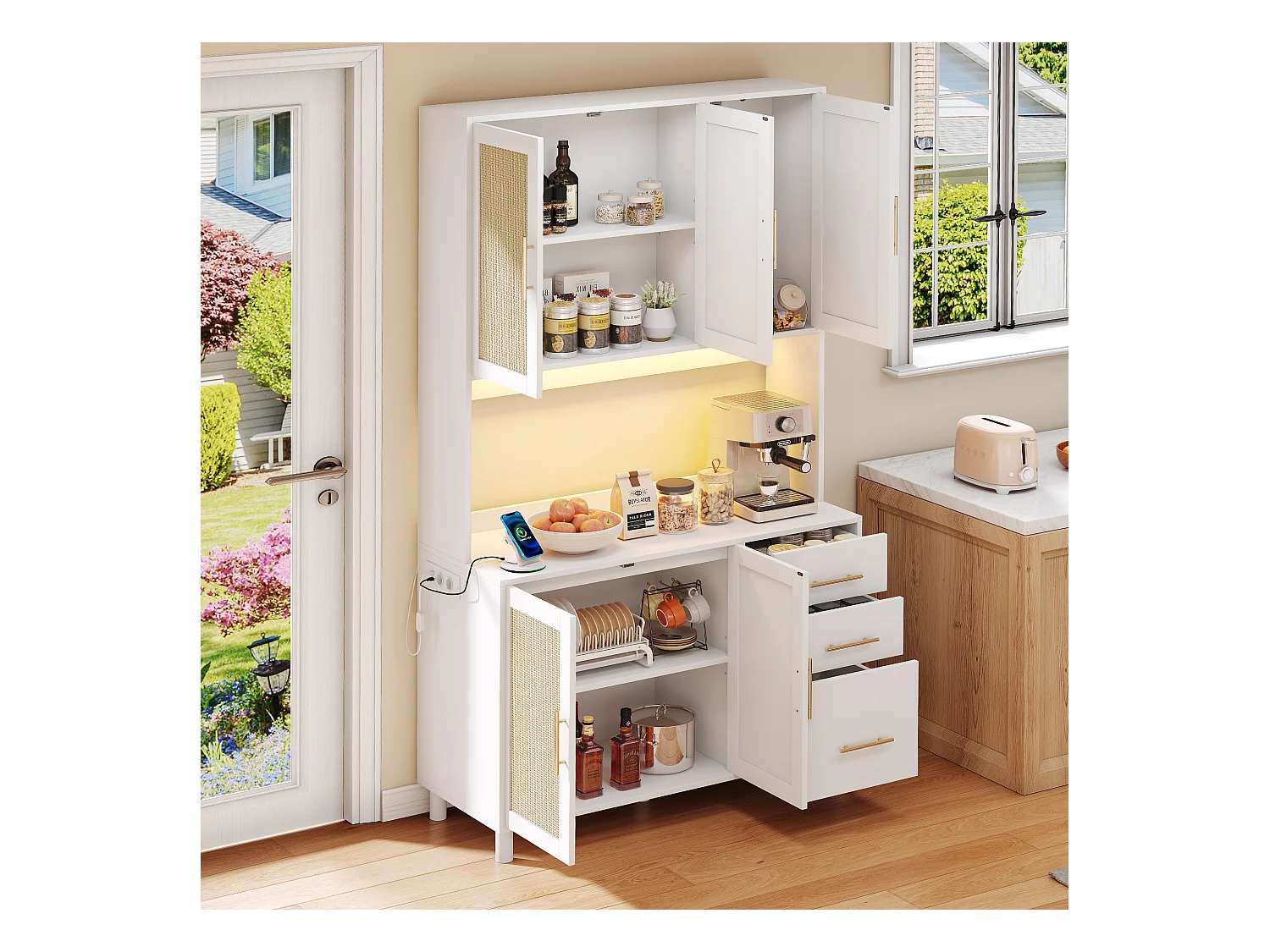 Buffet de cuisine 100x40x183cm avec 5 portes en rotin et 3 tiroirs, LED et port USB inclus, corps blanc