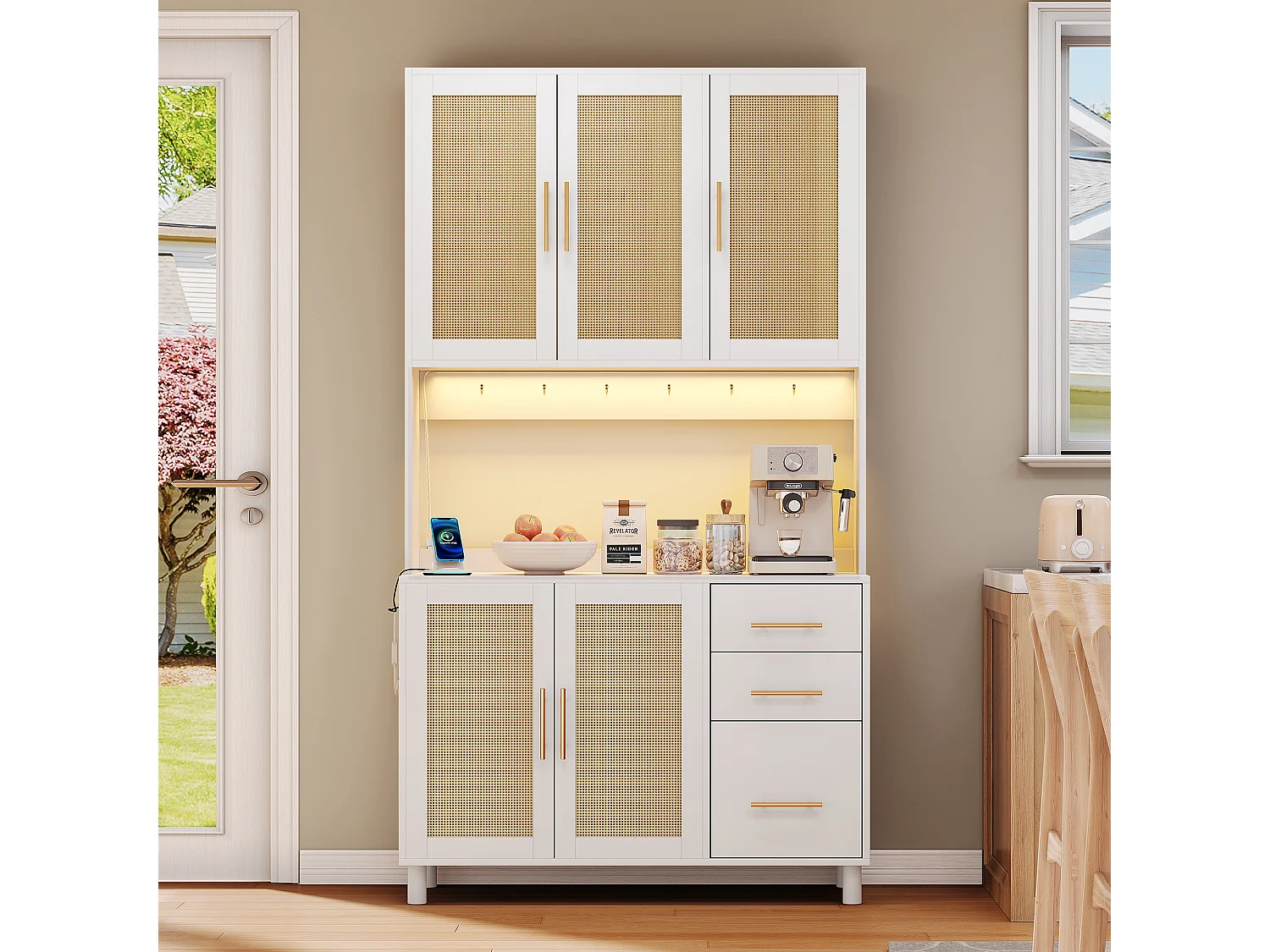 Buffet de cuisine 100x40x183cm avec 5 portes en rotin et 3 tiroirs, LED et port USB inclus, corps blanc