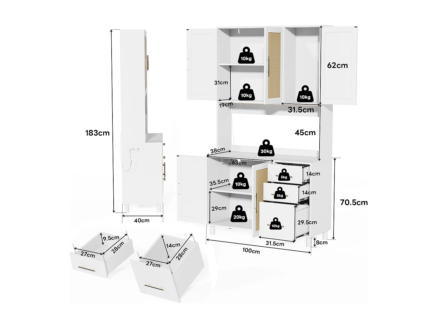 Buffet de cuisine 100x40x183cm avec 5 portes en rotin et 3 tiroirs, LED et port USB inclus, corps blanc