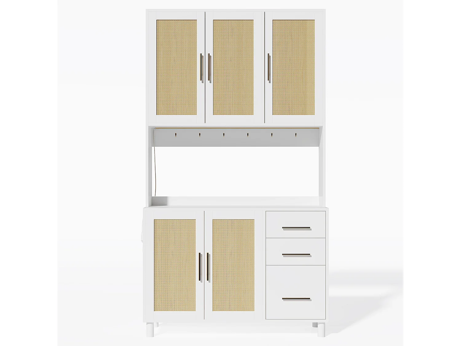 Buffet de cuisine 100x40x183cm avec 5 portes en rotin et 3 tiroirs, LED et port USB inclus, corps blanc