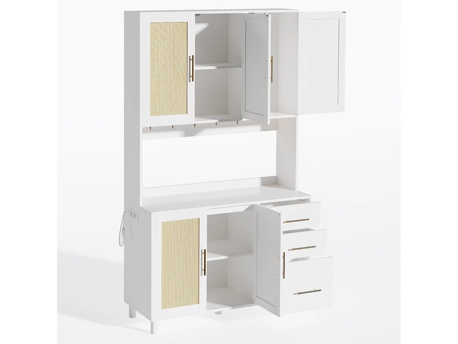 Buffet de cuisine 100x40x183cm avec 5 portes en rotin et 3 tiroirs, LED et port USB inclus, corps blanc