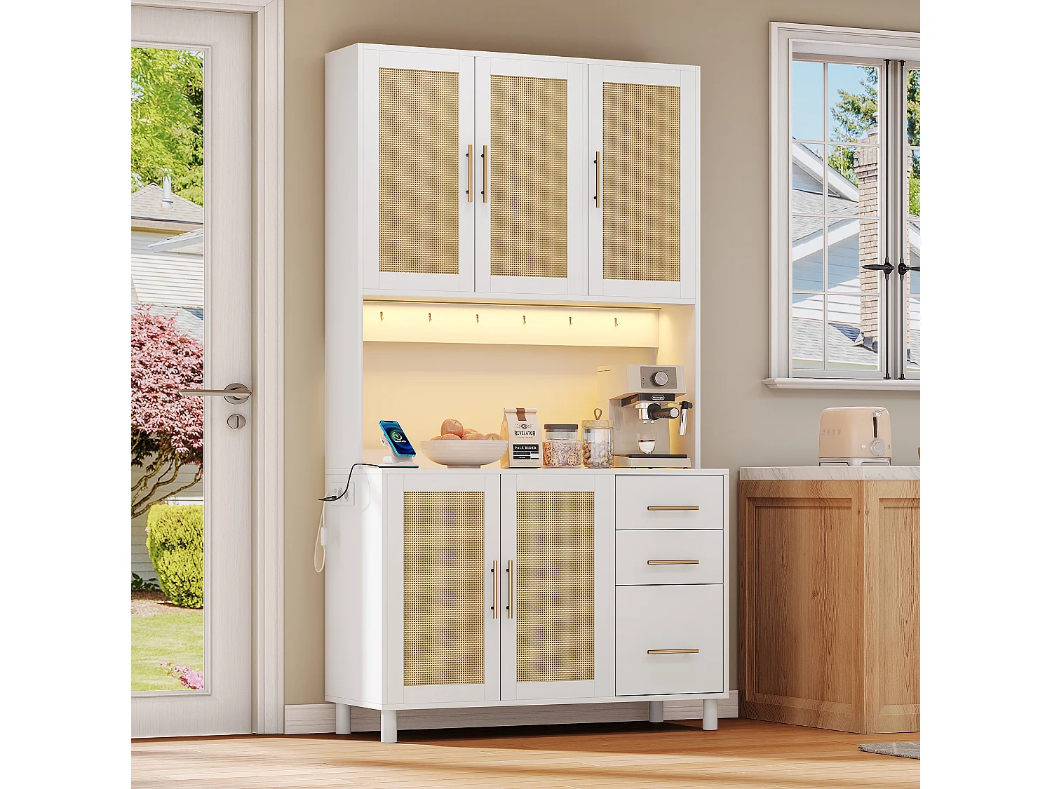 Buffet de cuisine 100x40x183cm avec 5 portes en rotin et 3 tiroirs, LED et port USB inclus, corps blanc