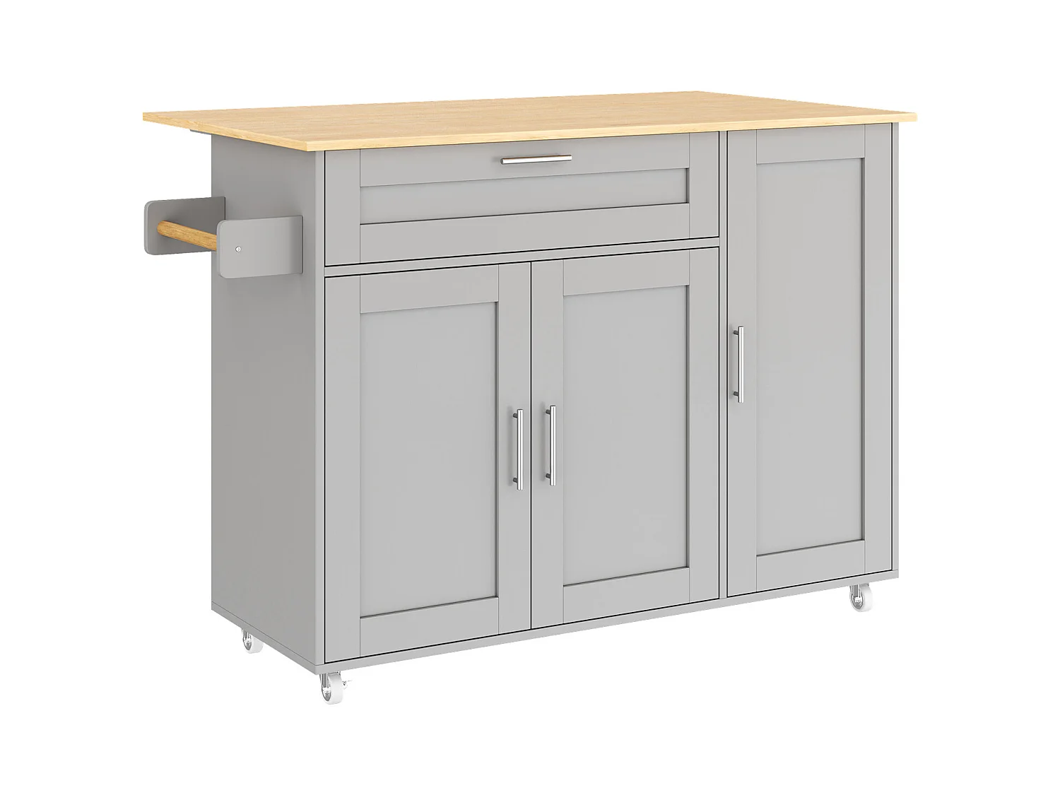 Keukentrolley op wielen met 1 lade en 3 deuren, uitschuifbaar blad in licht eikenfineer, grijze behuizing