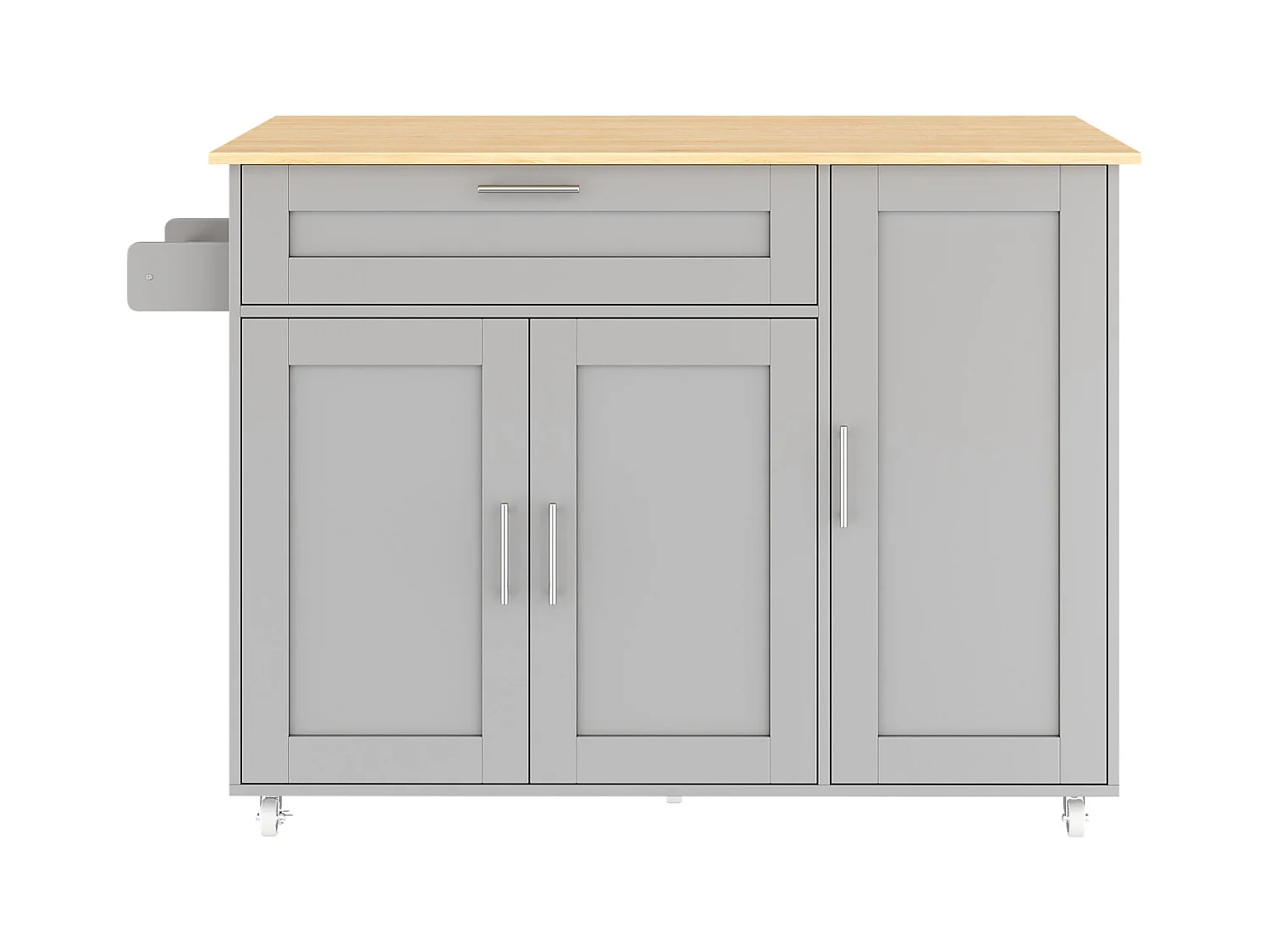 Keukentrolley op wielen met 1 lade en 3 deuren, uitschuifbaar blad in licht eikenfineer, grijze behuizing