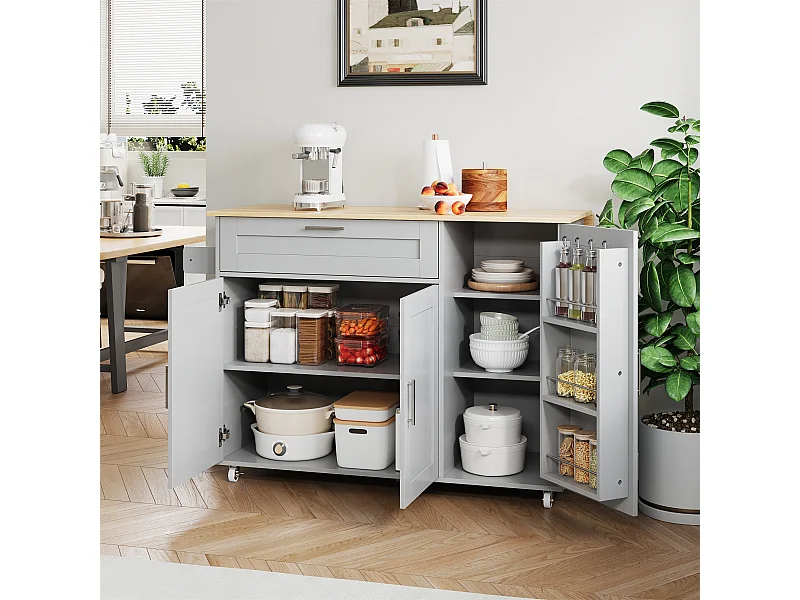 Carrinho de cozinha com rodas com 1 gaveta e 3 portas, tampo extensível em folheado de carvalho claro, corpo cinza