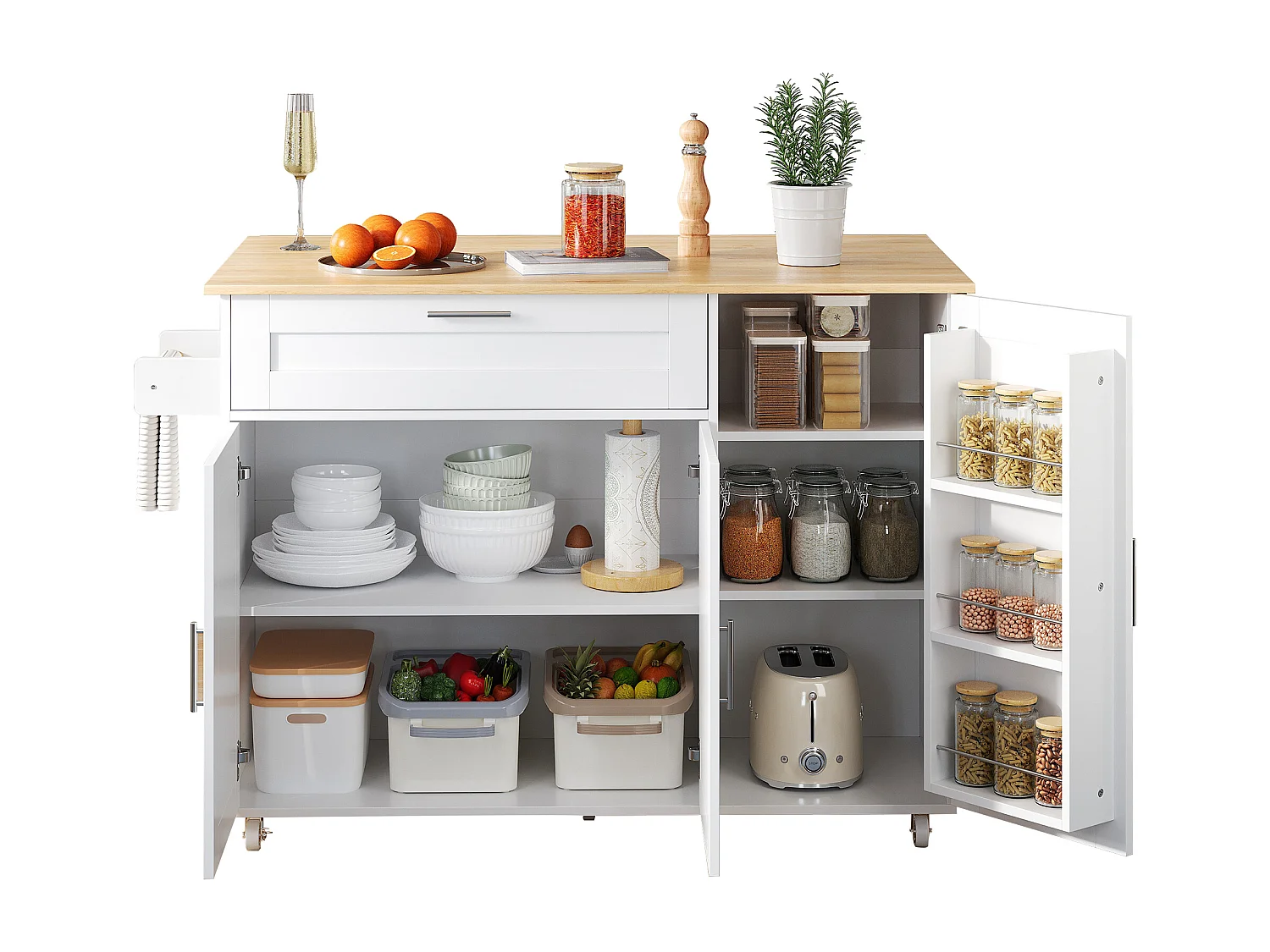 Desserte de cuisine à roulettes avec 1 tiroir et 3 portes, plateau extensible en placage chêne clair, corps Blanc