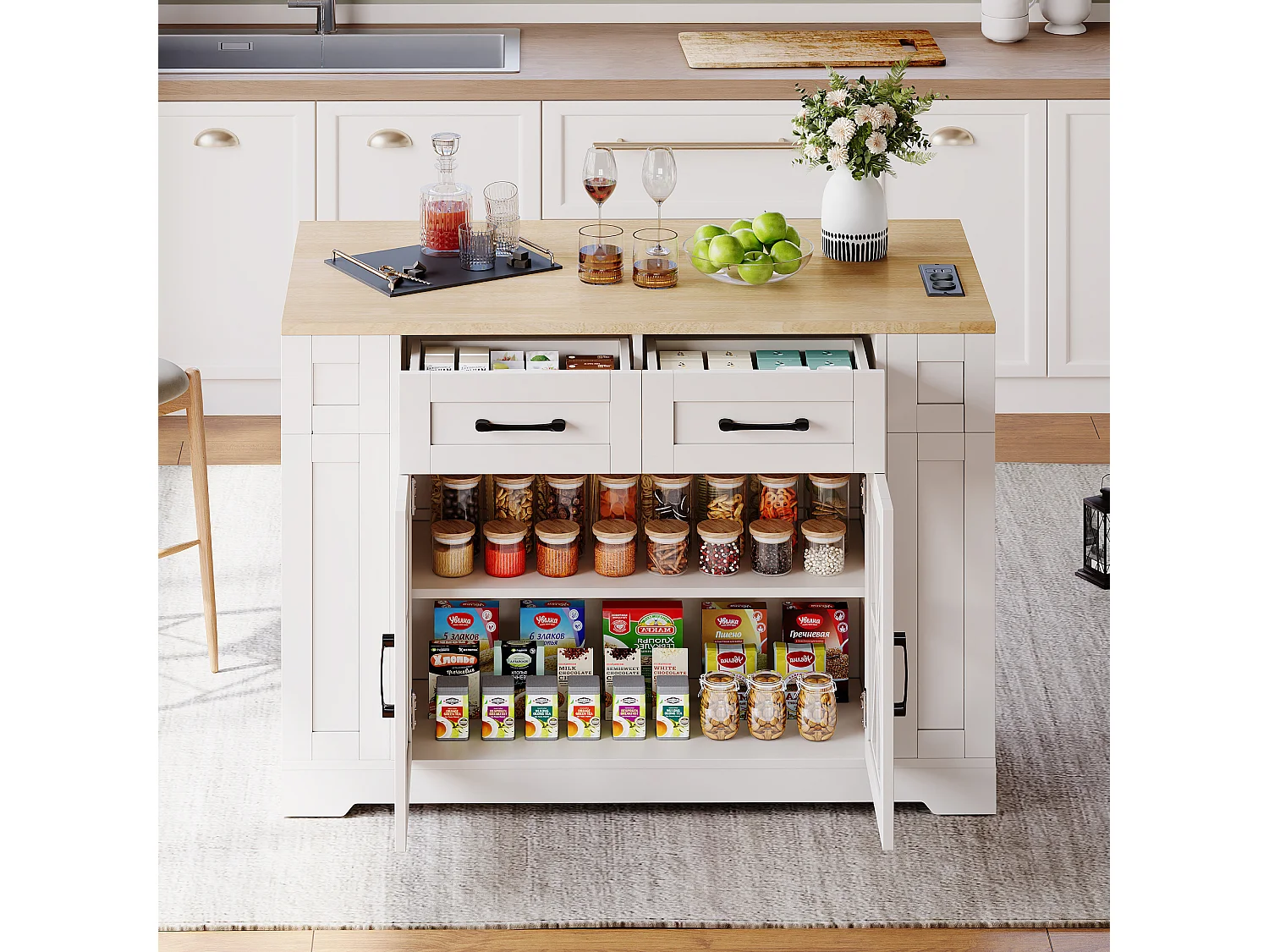 Desserte de cuisine à roulettes avec 2 tiroirs, 2 portes en verre et prise secteur et port USB, plateau extensible woodgrain, corps blanc