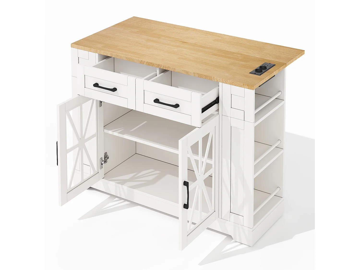 Desserte de cuisine à roulettes avec 2 tiroirs, 2 portes en verre et prise secteur et port USB, plateau extensible woodgrain, corps blanc