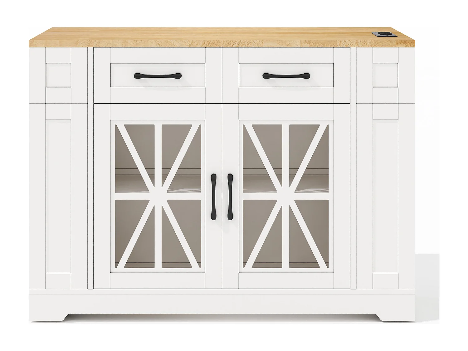 Desserte de cuisine à roulettes avec 2 tiroirs, 2 portes en verre et prise secteur et port USB, plateau extensible woodgrain, corps blanc