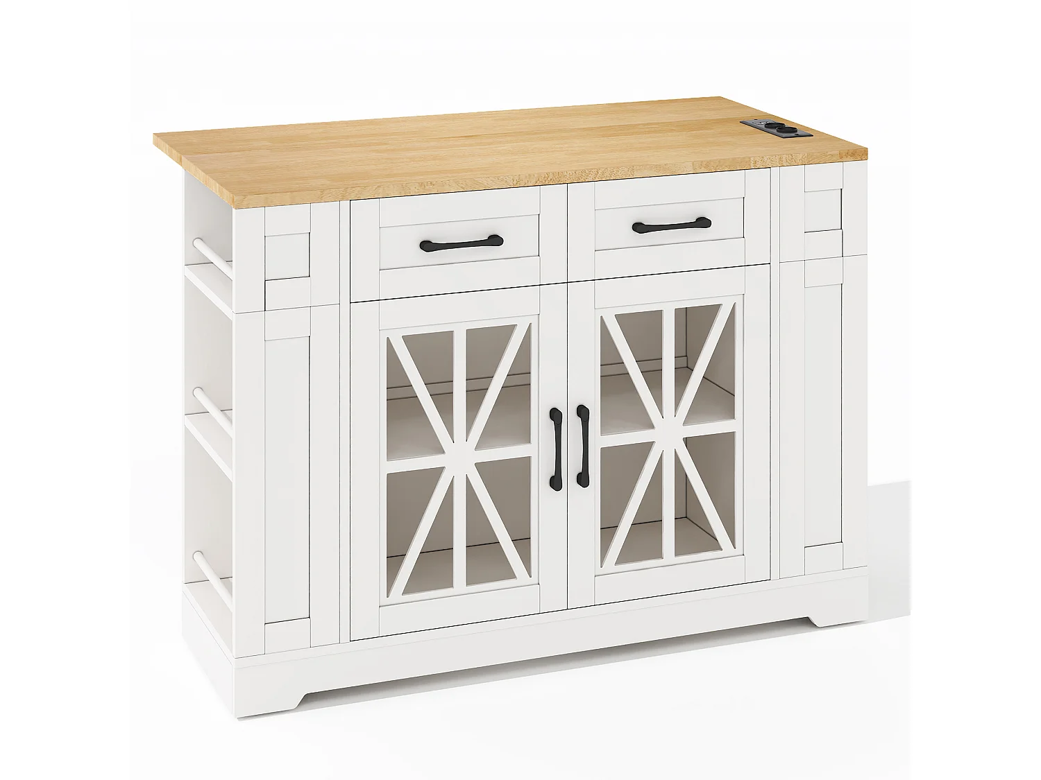 Desserte de cuisine à roulettes avec 2 tiroirs, 2 portes en verre et prise secteur et port USB, plateau extensible woodgrain, corps blanc