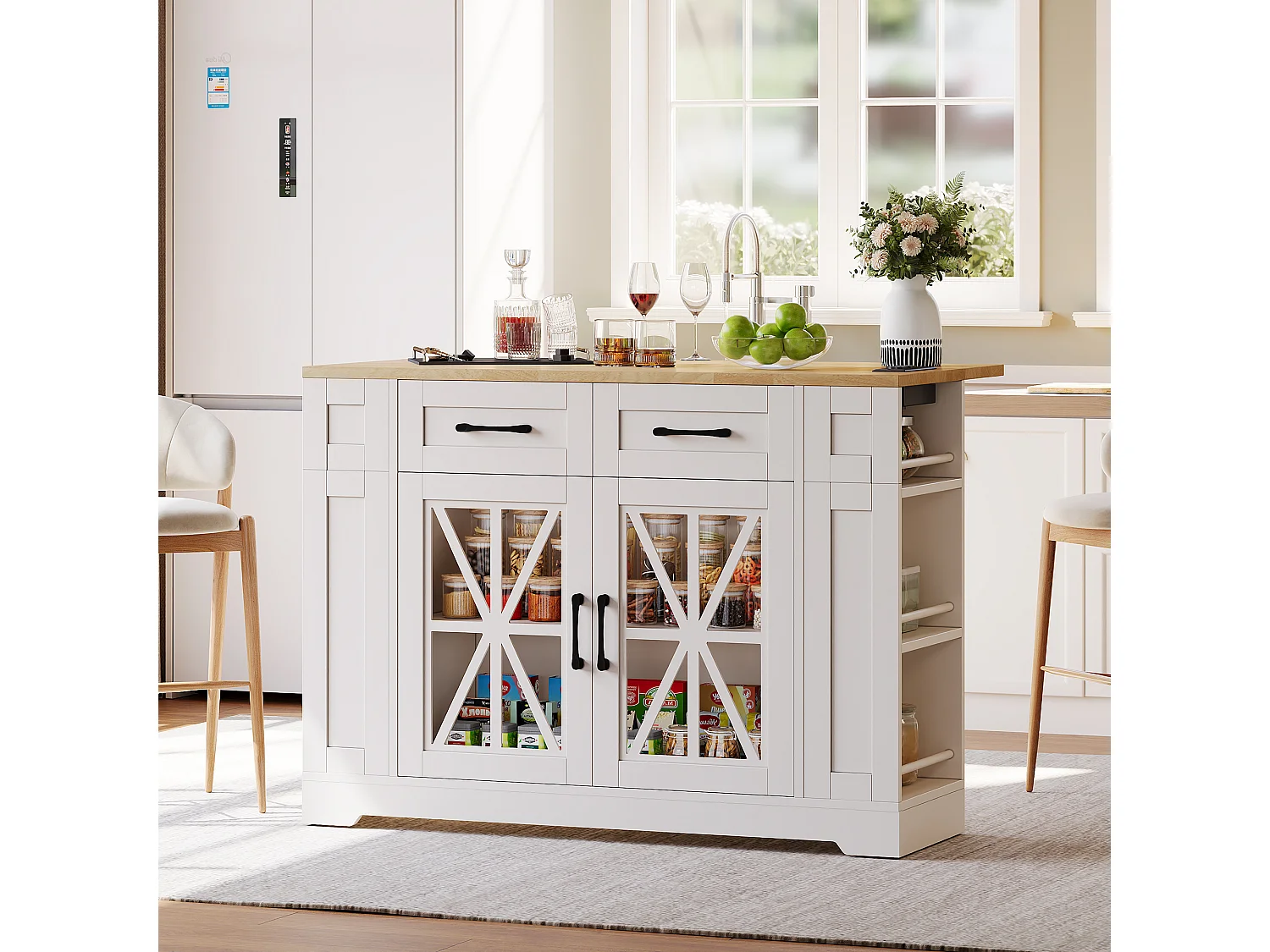 Desserte de cuisine à roulettes avec 2 tiroirs, 2 portes en verre et prise secteur et port USB, plateau extensible woodgrain, corps blanc