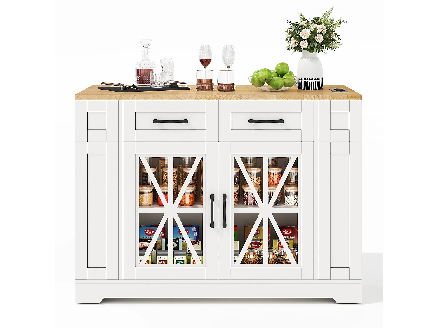 Desserte de cuisine à roulettes avec 2 tiroirs, 2 portes en verre et prise secteur et port USB, plateau extensible woodgrain, corps blanc