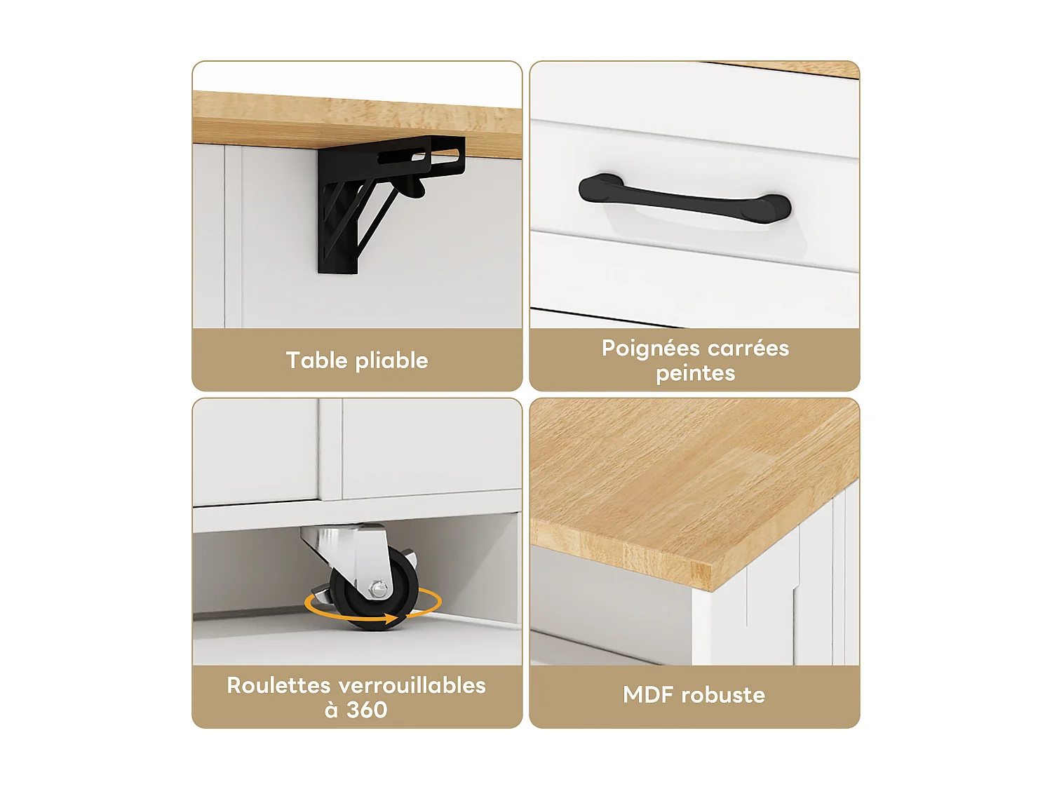 Desserte de cuisine à roulettes avec 2 tiroirs, 2 portes en verre et prise secteur et port USB, plateau extensible woodgrain, corps blanc