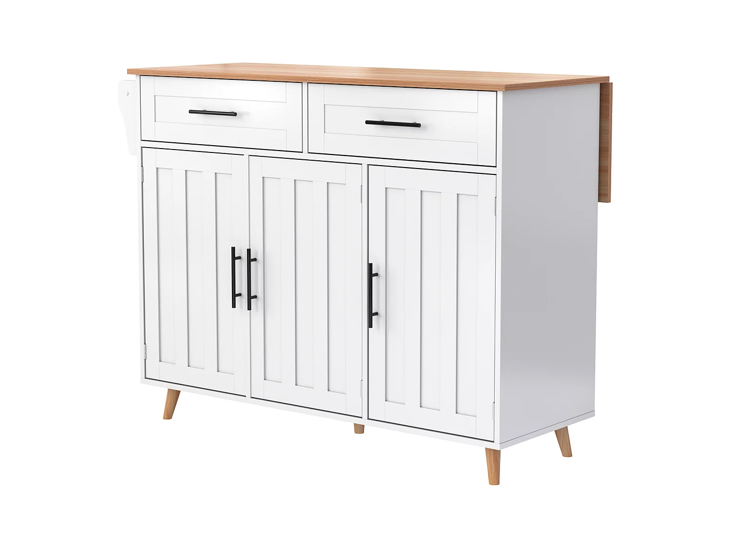 Desserte de cuisine à roulettes avec 2 tiroirs et 3 portes, plateau extensible en finition bois, blanc