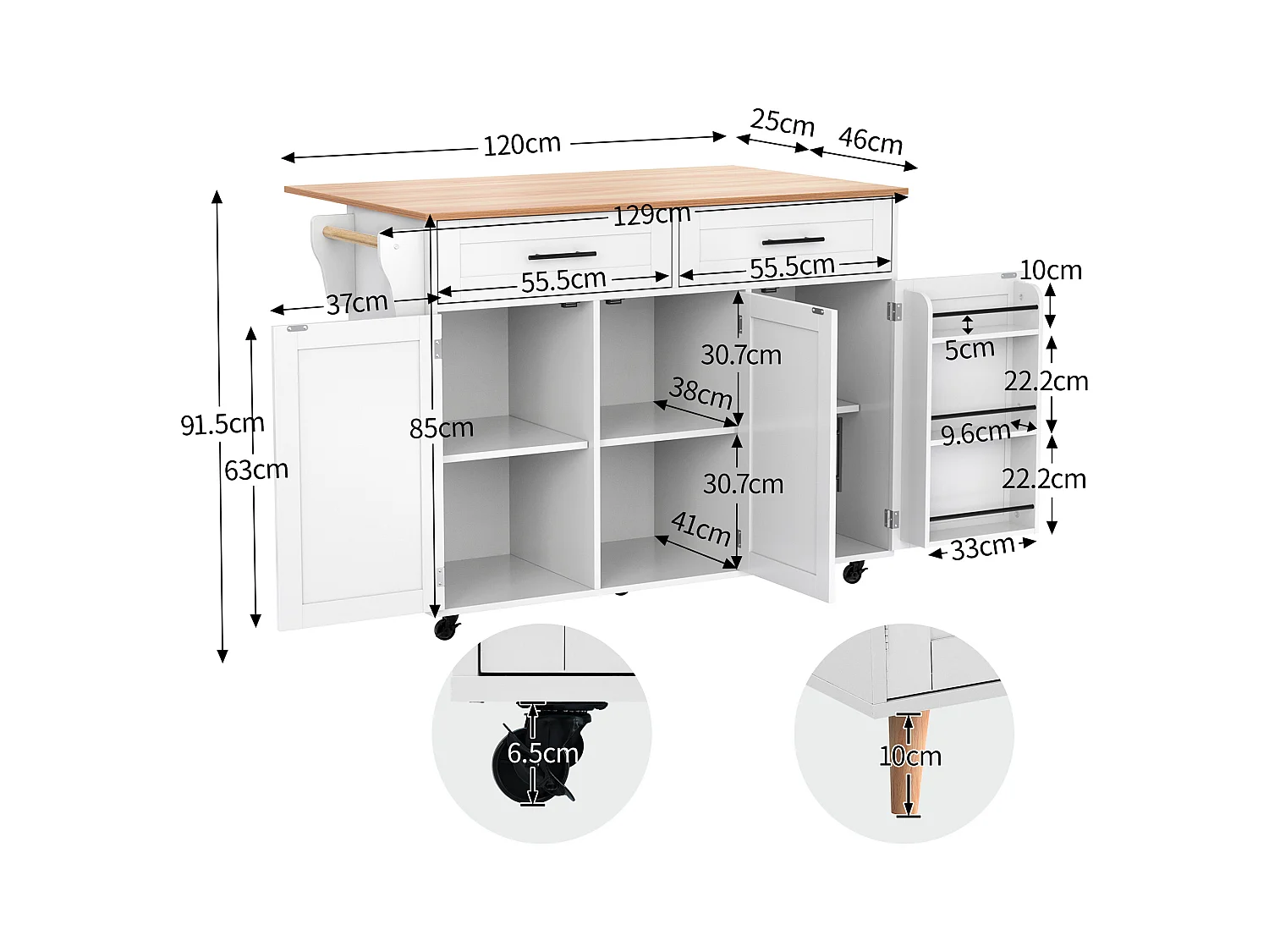 Desserte de cuisine à roulettes avec 2 tiroirs et 3 portes, plateau extensible en finition bois, blanc