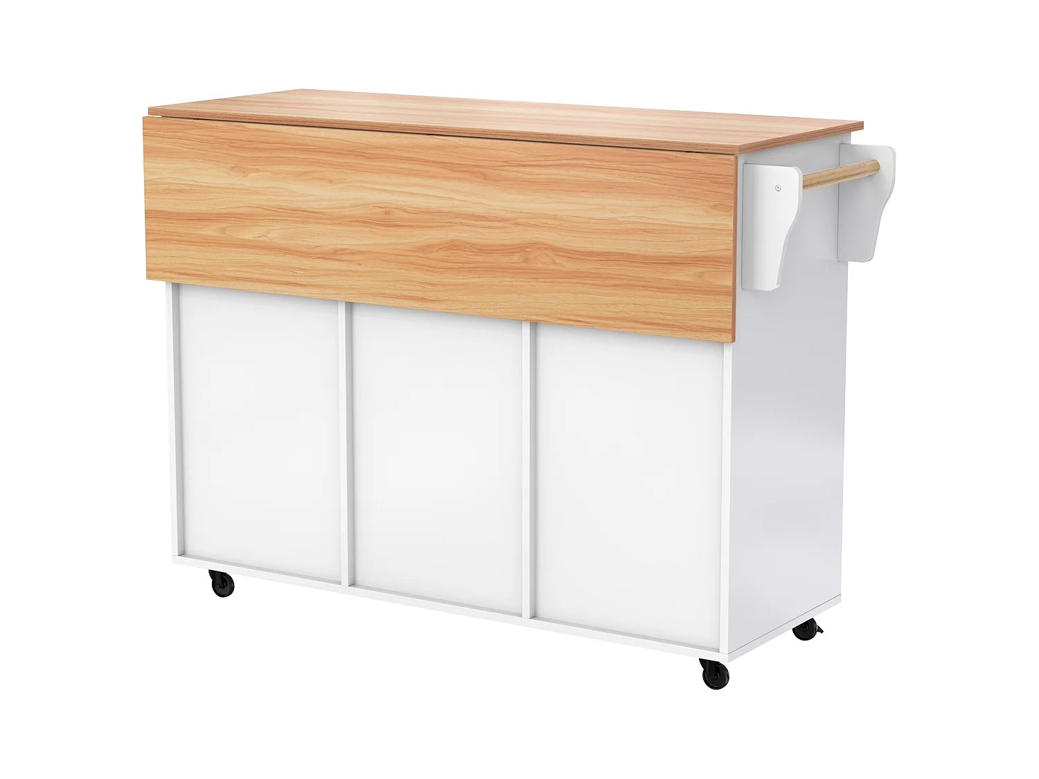 Desserte de cuisine à roulettes avec 2 tiroirs et 3 portes, plateau extensible en finition bois, blanc