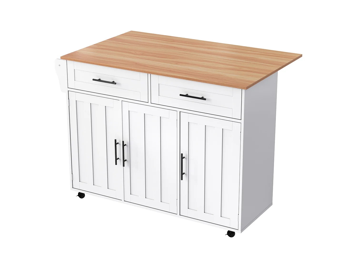 Desserte de cuisine à roulettes avec 2 tiroirs et 3 portes, plateau extensible en finition bois, blanc