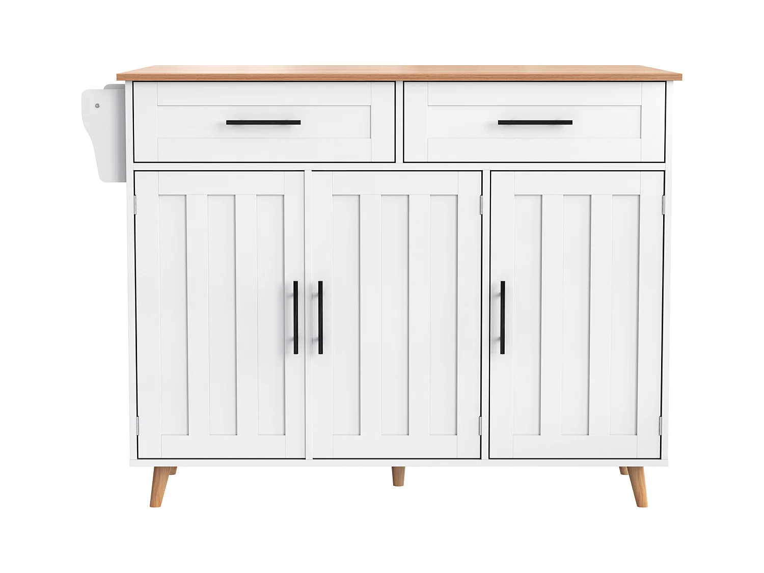 Desserte de cuisine à roulettes avec 2 tiroirs et 3 portes, plateau extensible en finition bois, blanc