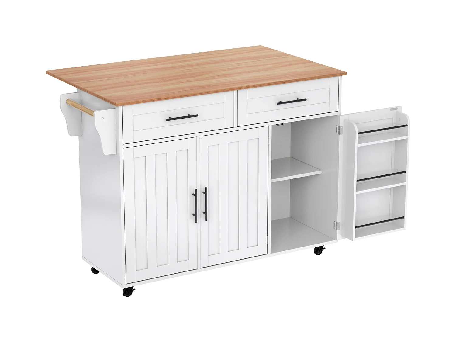 Desserte de cuisine à roulettes avec 2 tiroirs et 3 portes, plateau extensible en finition bois, blanc