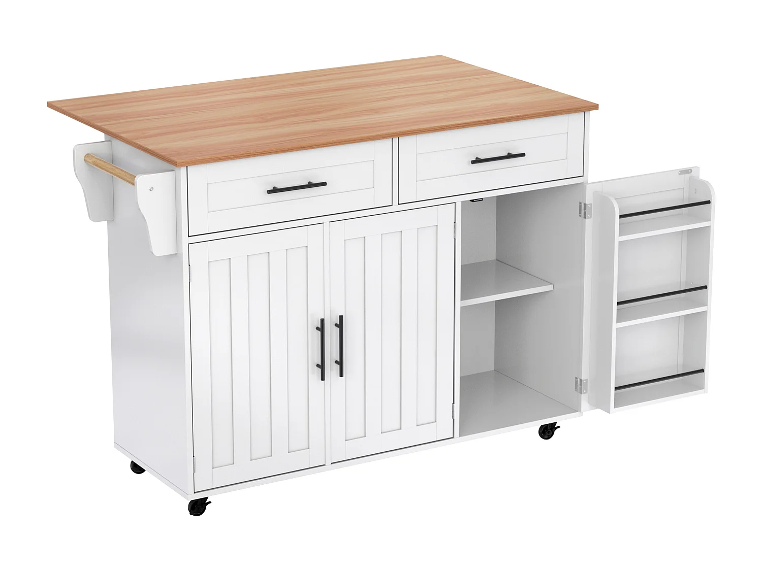 Carrinho de cozinha com rodas com 2 gavetas e 3 portas, tampo extensível em acabamento madeira, branco