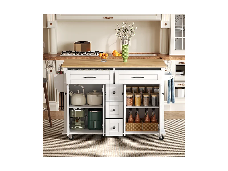 Desserte de cuisine à roulettes avec 5 tiroirs et 4 portes, plateau extensible en finition bois, blanc