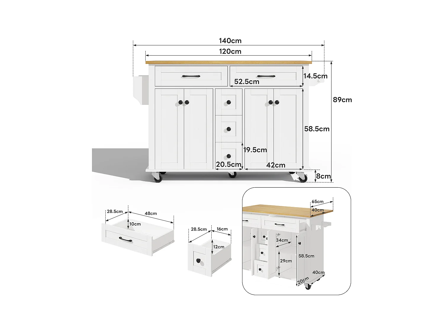 Carrinho de cozinha com rodas com 5 gavetas e 4 portas, tampo extensível em acabamento madeira, branco