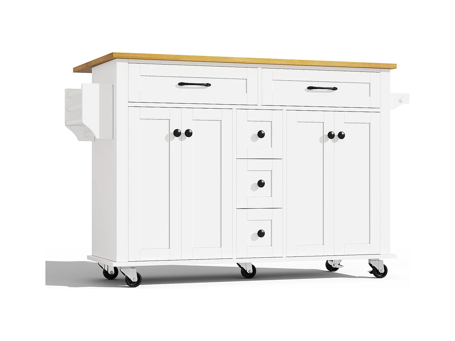 Carrinho de cozinha com rodas com 5 gavetas e 4 portas, tampo extensível em acabamento madeira, branco