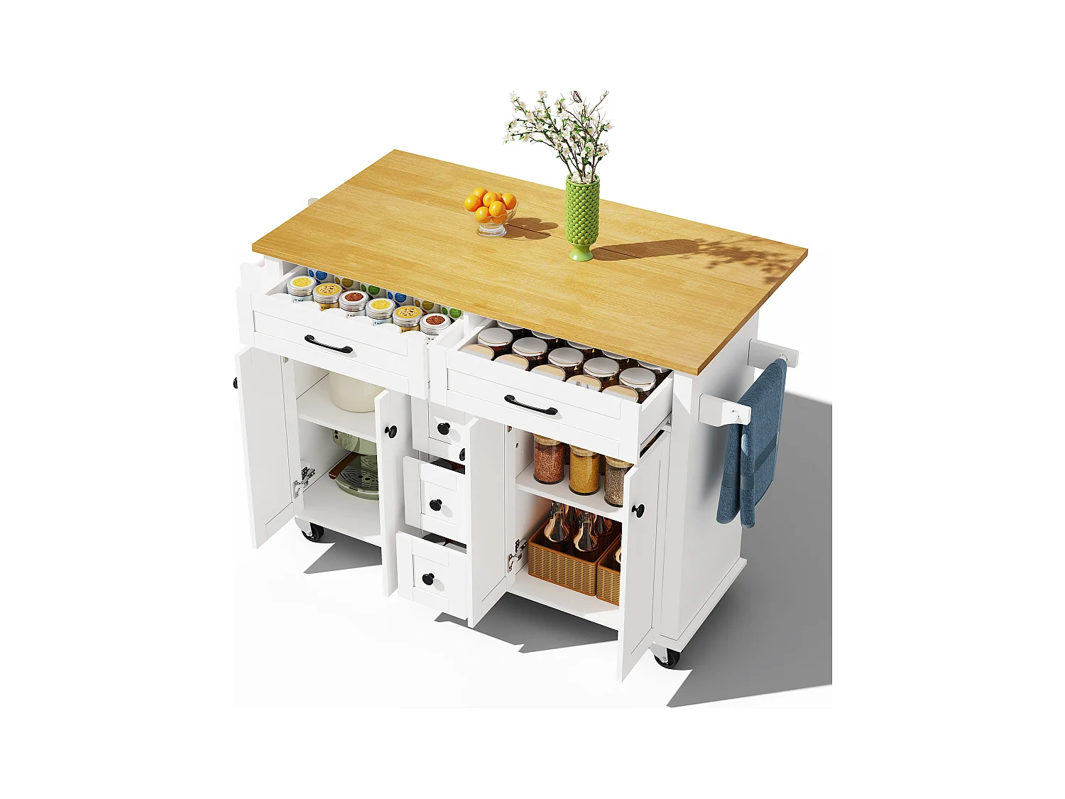 Carrinho de cozinha com rodas com 5 gavetas e 4 portas, tampo extensível em acabamento madeira, branco