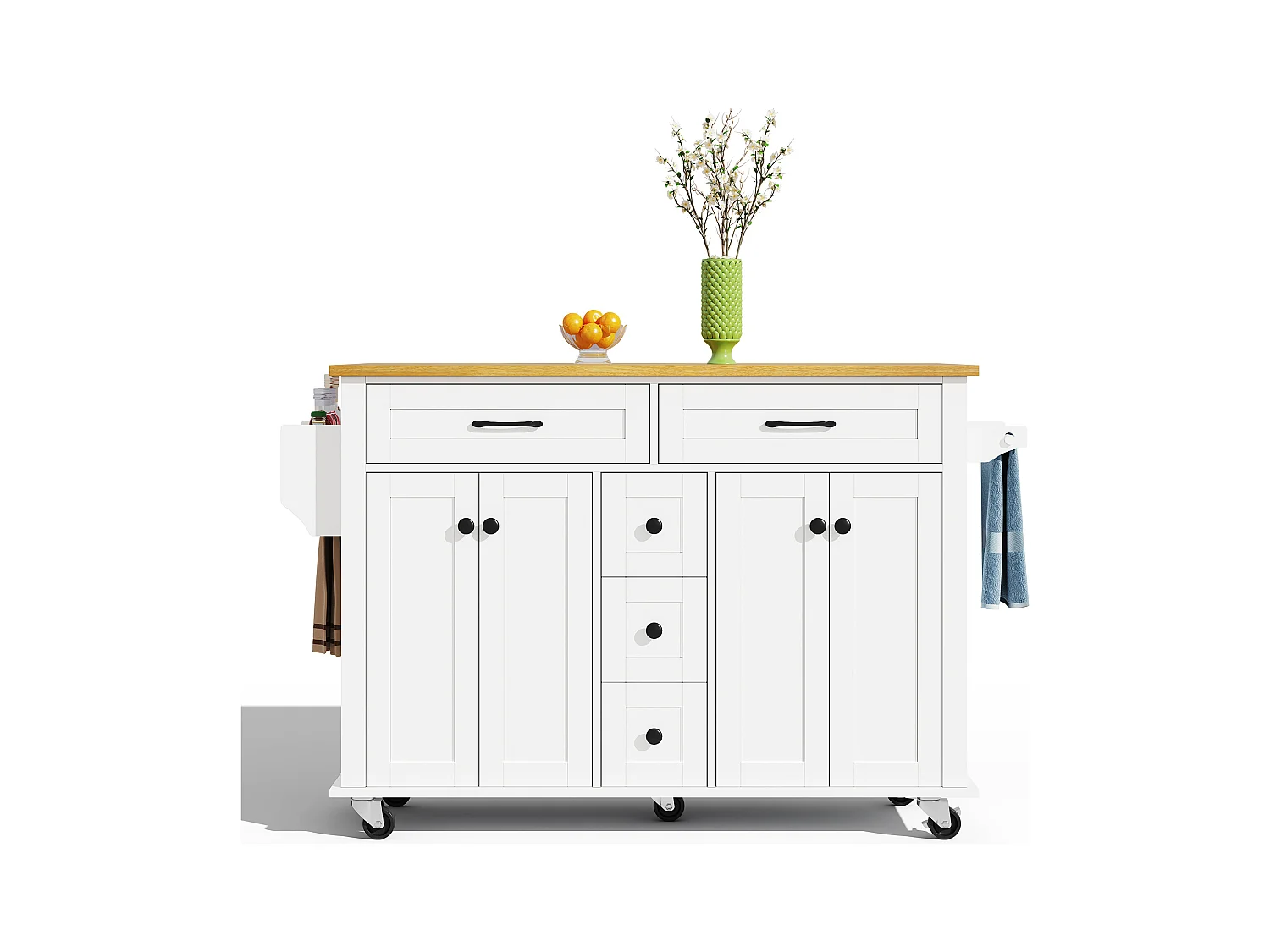 Carrinho de cozinha com rodas com 5 gavetas e 4 portas, tampo extensível em acabamento madeira, branco