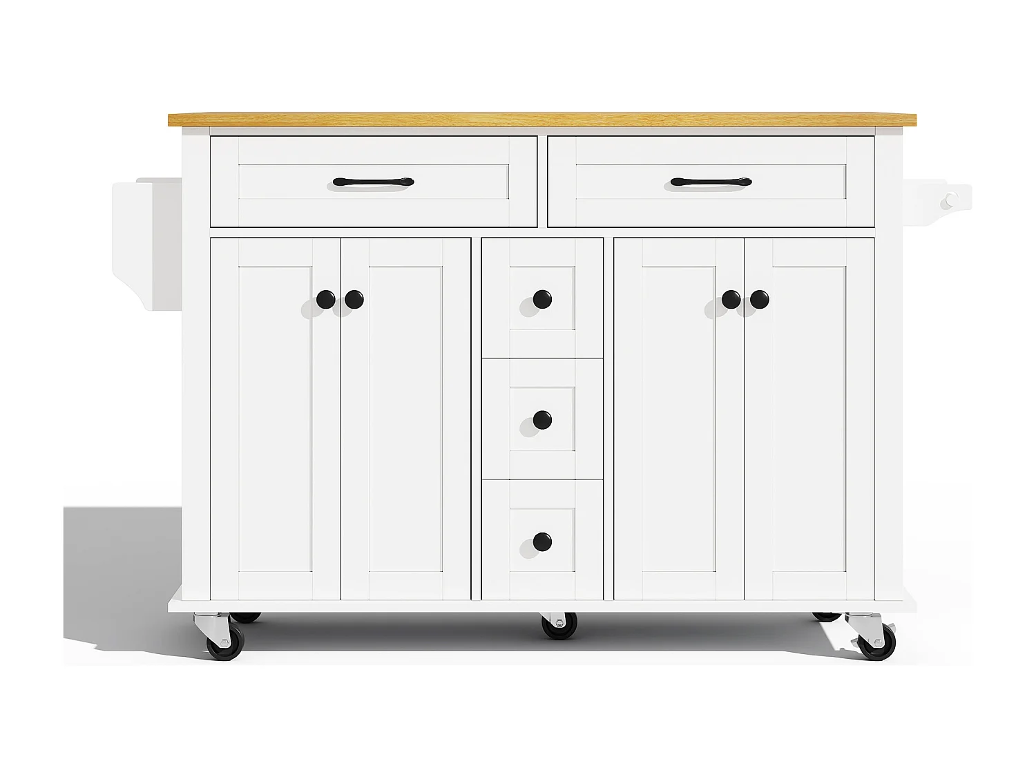 Keukentrolley op wielen met 5 lades en 4 deuren, uitschuifbaar blad in houtlook, wit