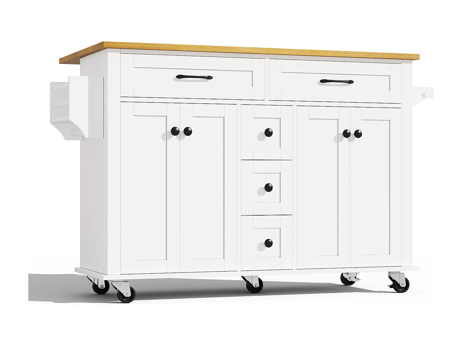 Keukentrolley op wielen met 5 lades en 4 deuren, uitschuifbaar blad in houtlook, wit