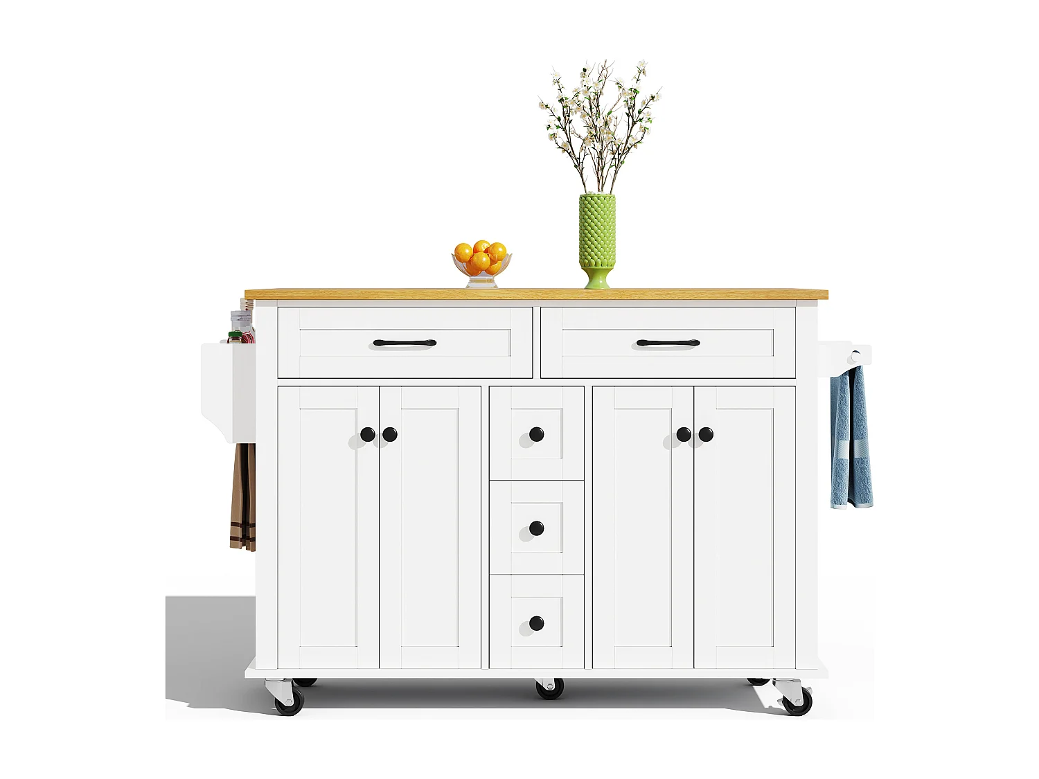 Keukentrolley op wielen met 5 lades en 4 deuren, uitschuifbaar blad in houtlook, wit