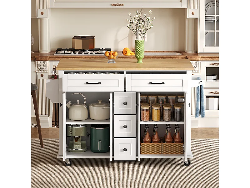 Desserte de cuisine à roulettes avec 5 tiroirs et 4 portes, plateau extensible en finition bois, blanc