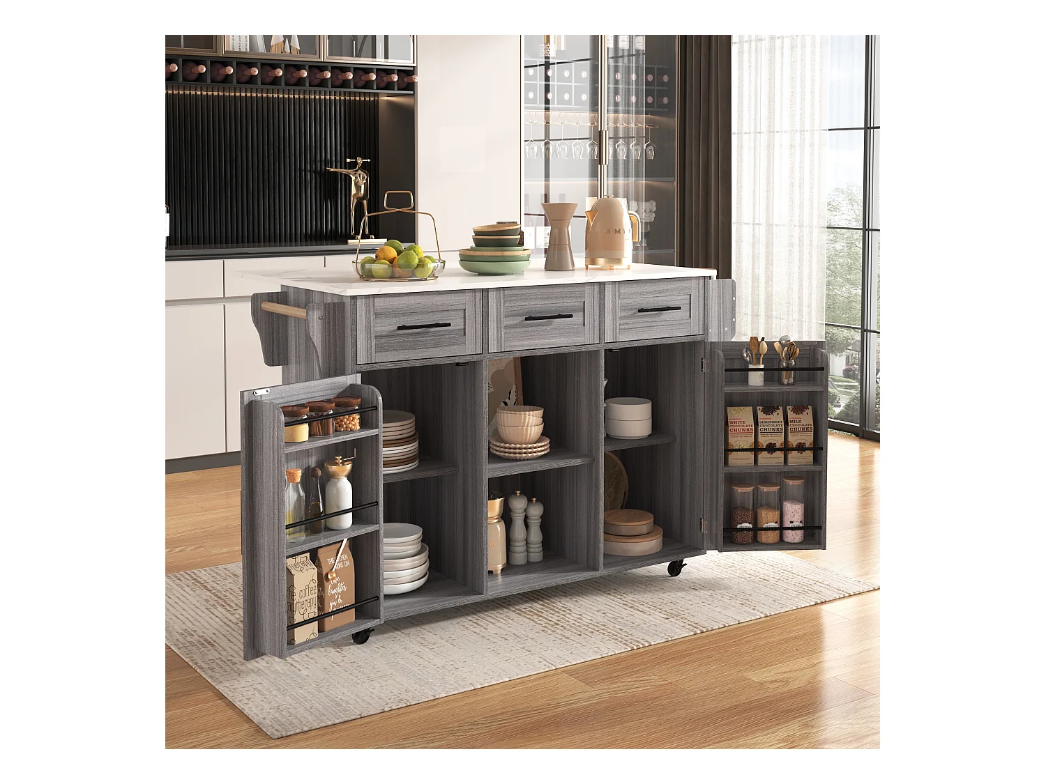Desserte de cuisine à roulettes avec 3 tiroirs, 2 portes et 2 niches, plateau extensible en placage marbre blanc, corps gris