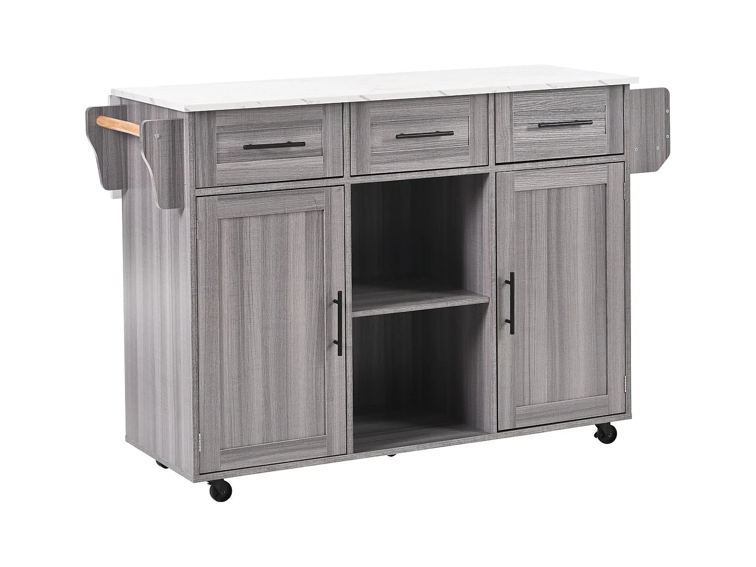 Desserte de cuisine à roulettes avec 3 tiroirs, 2 portes et 2 niches, plateau extensible en placage marbre blanc, corps gris