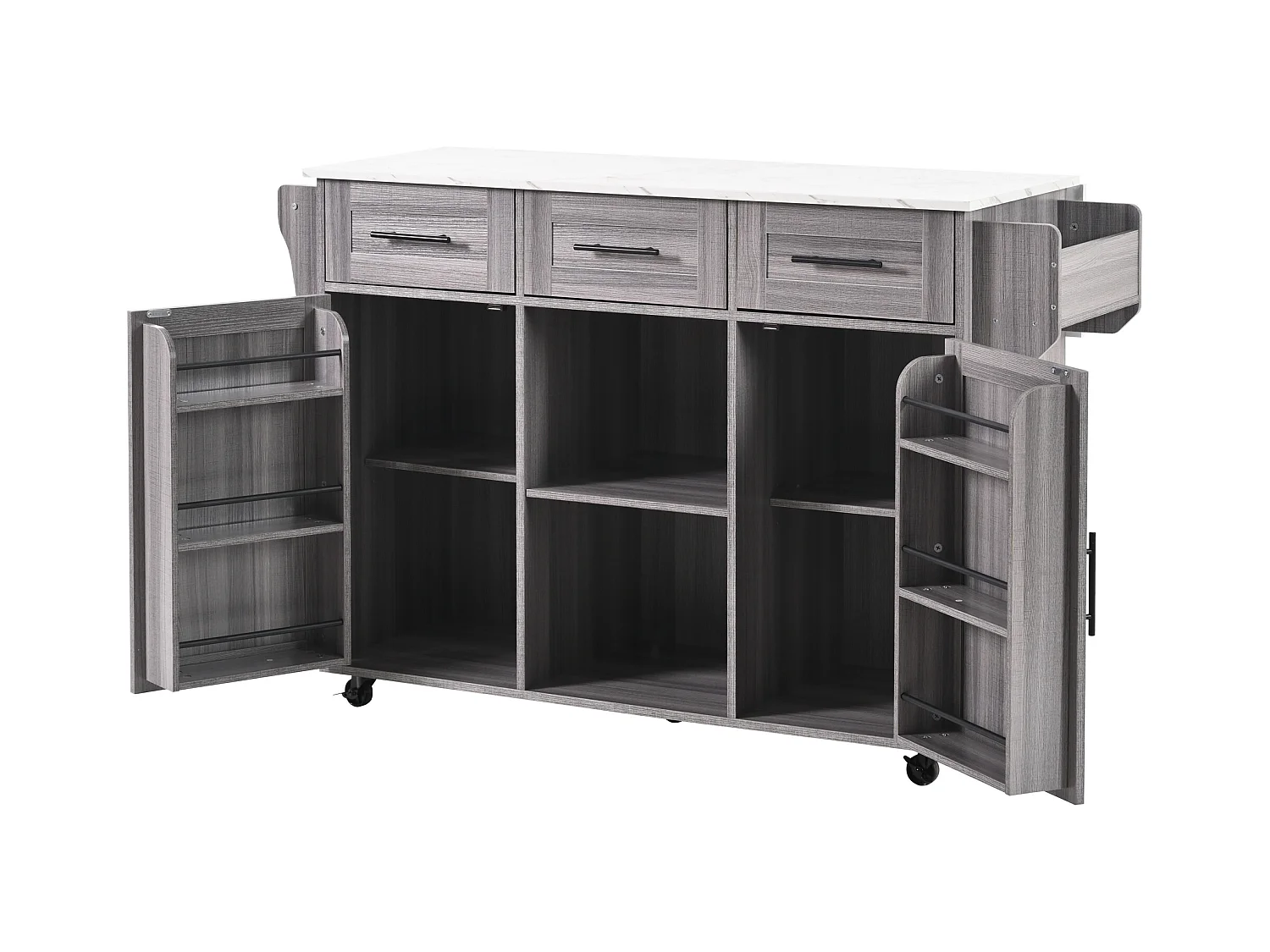 Desserte de cuisine à roulettes avec 3 tiroirs, 2 portes et 2 niches, plateau extensible en placage marbre blanc, corps gris