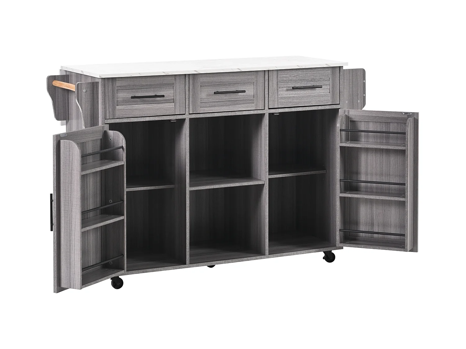 Desserte de cuisine à roulettes avec 3 tiroirs, 2 portes et 2 niches, plateau extensible en placage marbre blanc, corps gris
