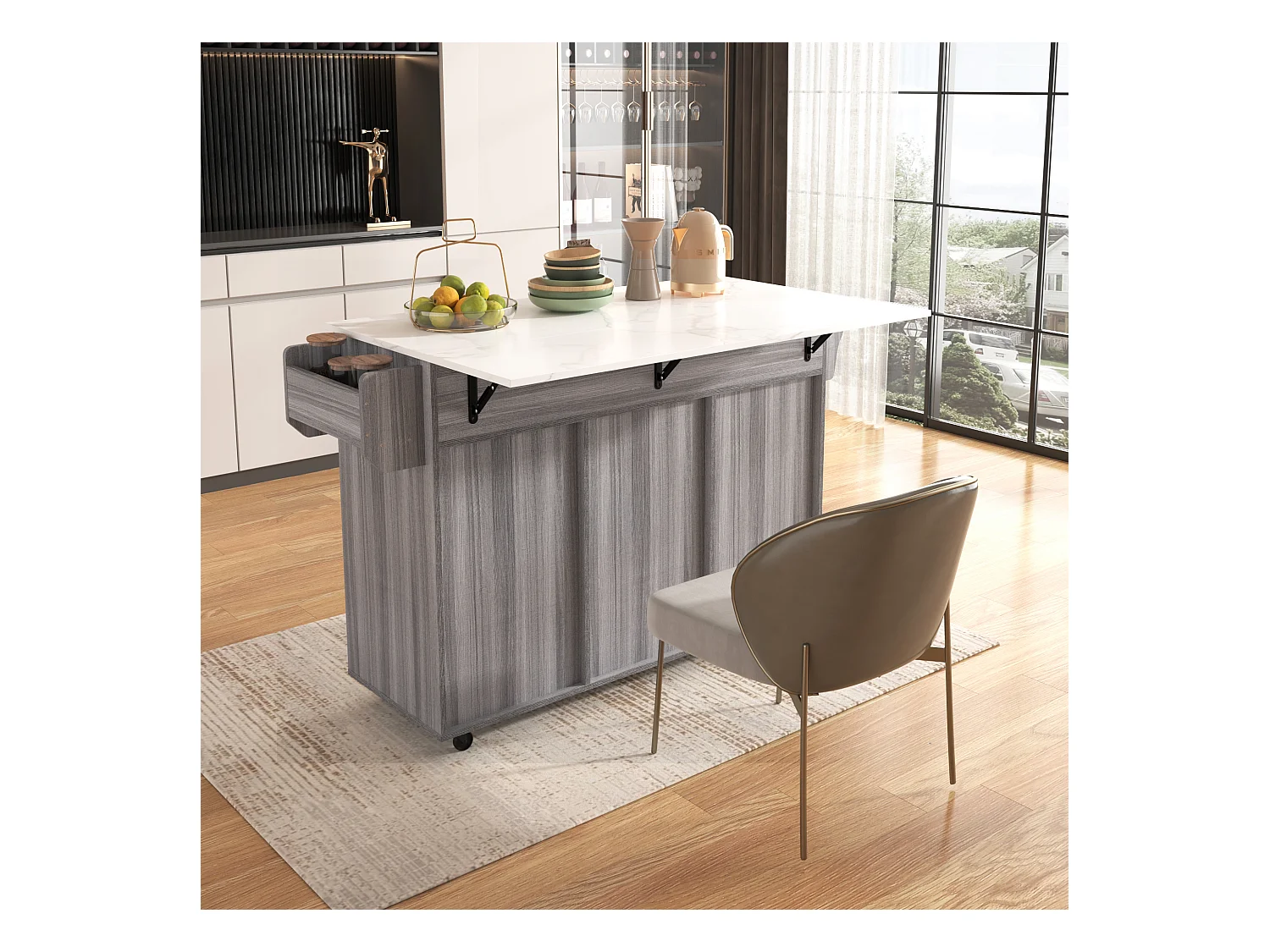 Desserte de cuisine à roulettes avec 3 tiroirs, 2 portes et 2 niches, plateau extensible en placage marbre blanc, corps gris