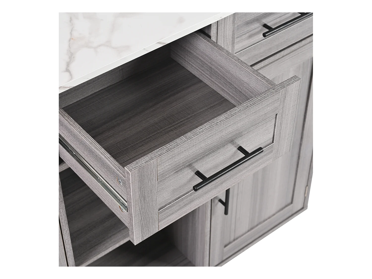 Desserte de cuisine à roulettes avec 3 tiroirs, 2 portes et 2 niches, plateau extensible en placage marbre blanc, corps gris