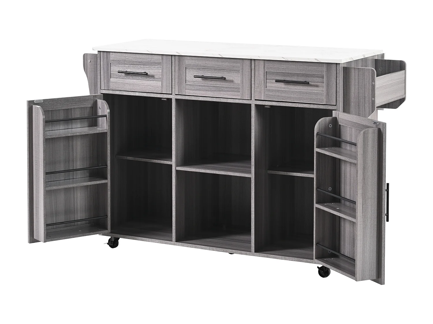 Carrinho de cozinha com rodas com 3 gavetas, 2 portas e 2 nichos, tampo extensível em folheado de mármore branco, corpo cinza