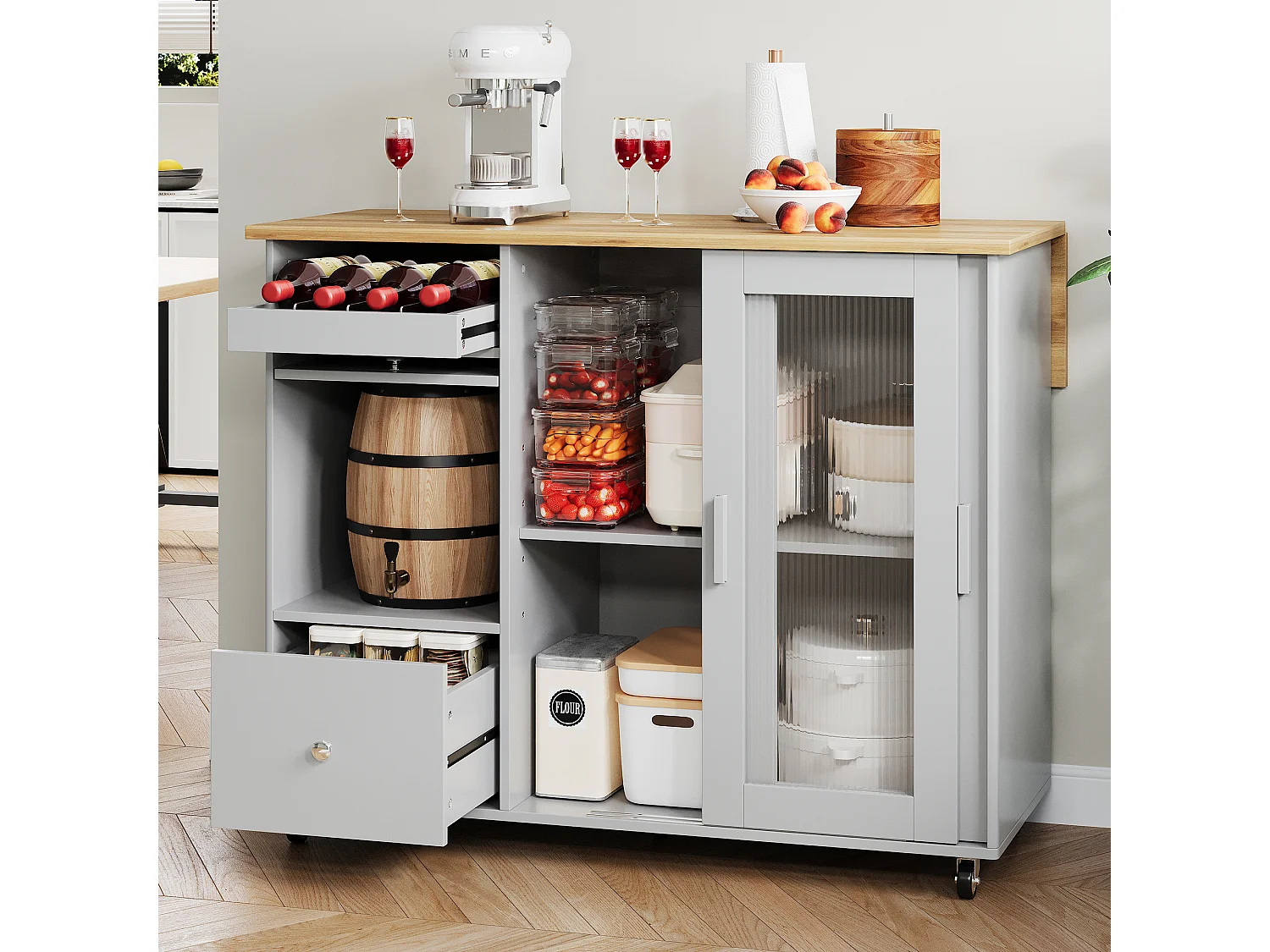 Desserte de cuisine à roulettes avec 2 tiroirs et 2 portes et 1 niche, plateau extensible en placage chêne clair, corps gris