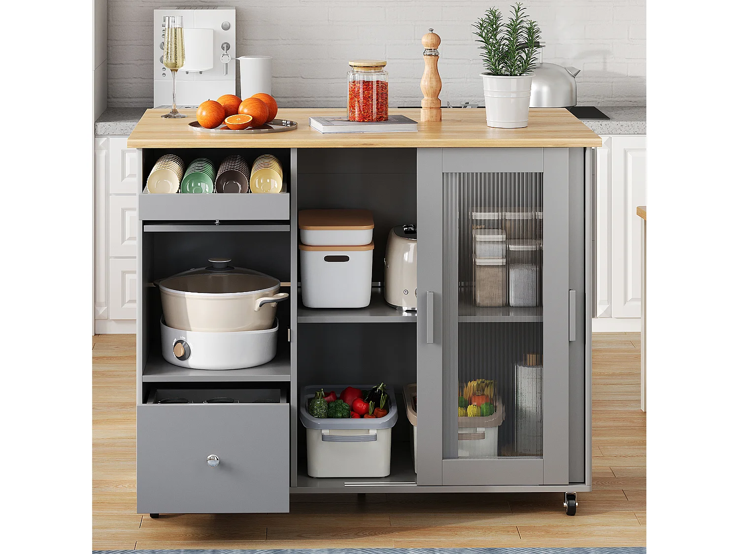 Desserte de cuisine à roulettes avec 2 tiroirs et 2 portes et 1 niche, plateau extensible en placage chêne clair, corps gris