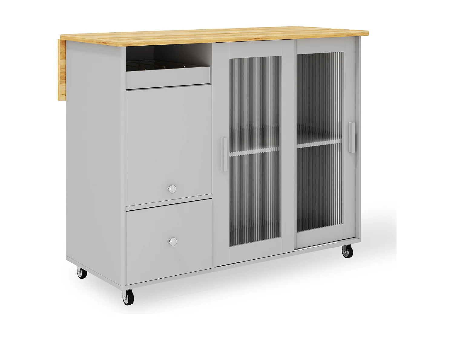 Desserte de cuisine à roulettes avec 2 tiroirs et 2 portes et 1 niche, plateau extensible en placage chêne clair, corps gris