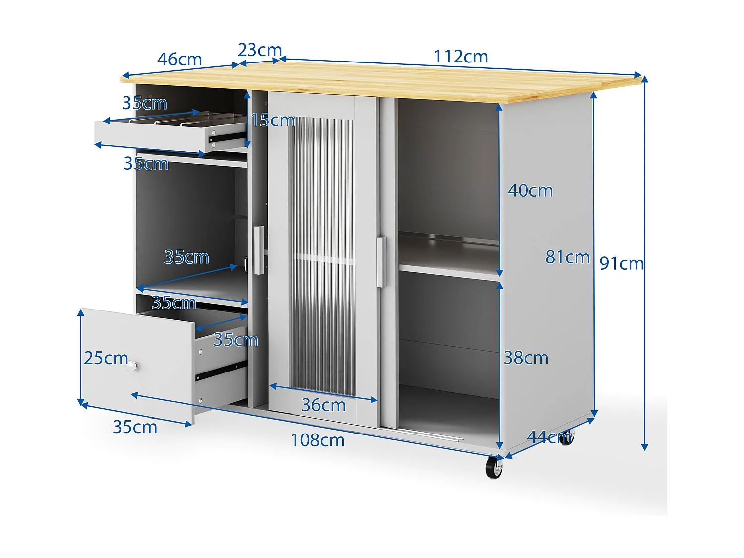 Desserte de cuisine à roulettes avec 2 tiroirs et 2 portes et 1 niche, plateau extensible en placage chêne clair, corps gris
