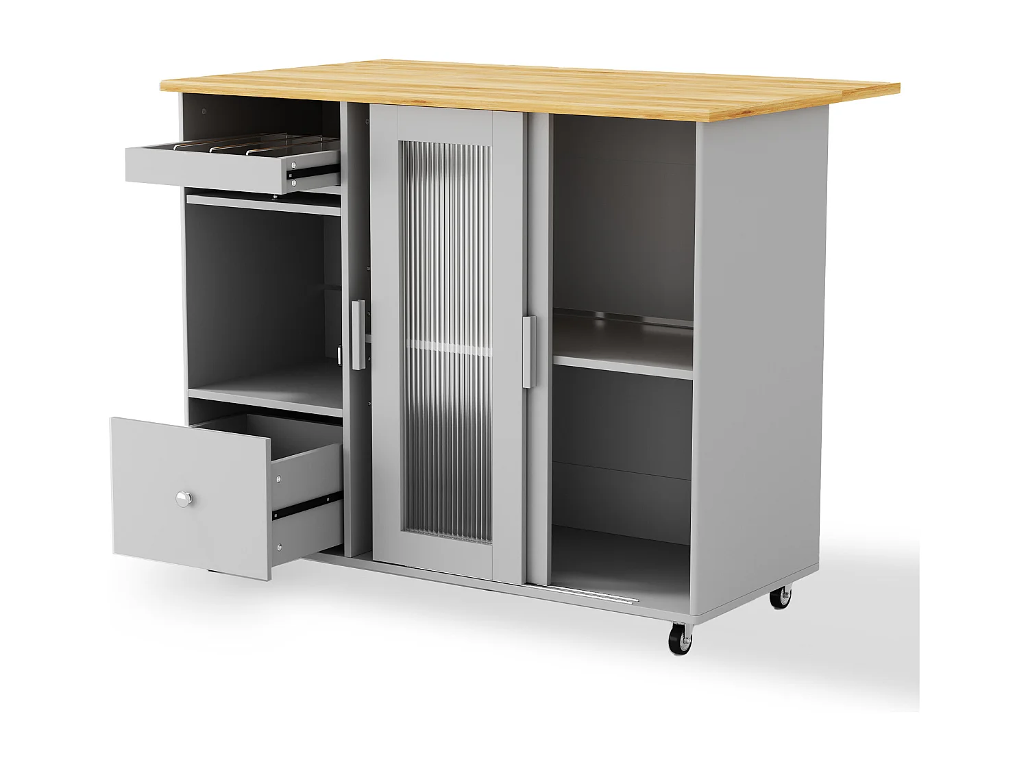 Desserte de cuisine à roulettes avec 2 tiroirs et 2 portes et 1 niche, plateau extensible en placage chêne clair, corps gris