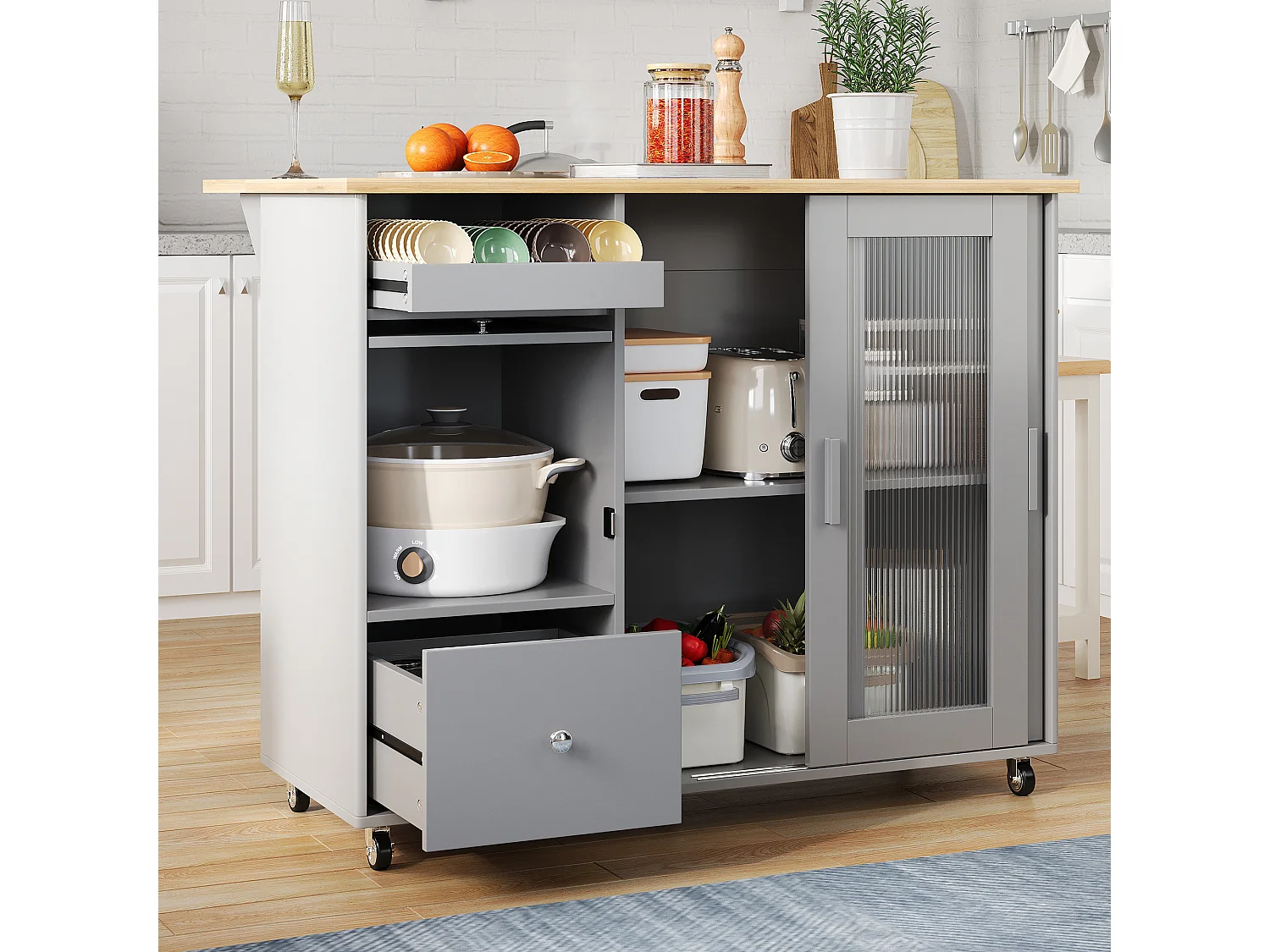 Desserte de cuisine à roulettes avec 2 tiroirs et 2 portes et 1 niche, plateau extensible en placage chêne clair, corps gris